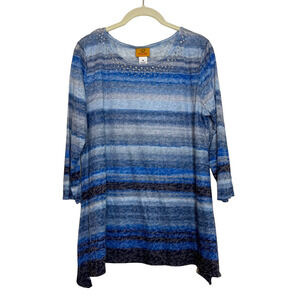 Ruby Rd Womens Tunic Size Medium Blue Gray Striped Camo Lightweight Embellished